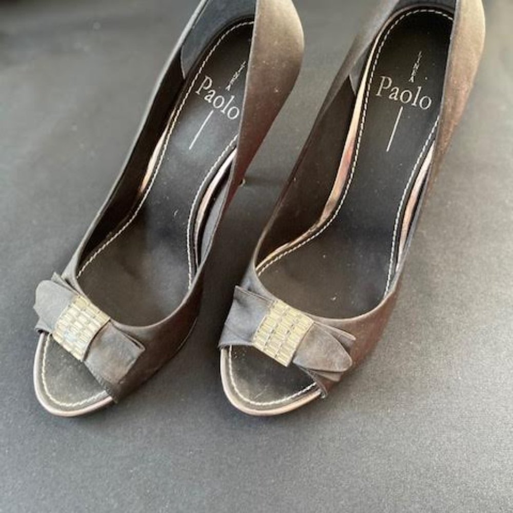 Paolo - Black Open Toe Pumps with Crystal Buckle & Black Bow - Size 9